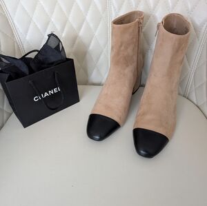 SALE! On 34th Brand. Tan Suede &  Leather Ankle Boots with Black Cap Toe.